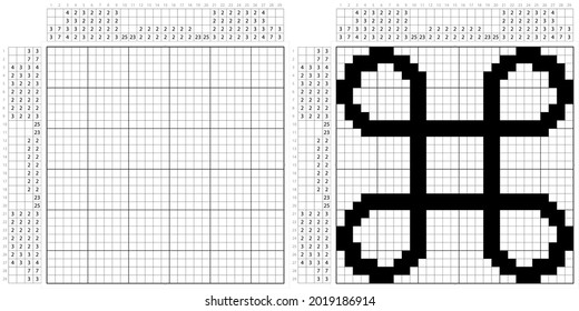 Looped Square Icon Nonogram Pixel Art, Logic Puzzle Game Griddlers, Pic-A-Pix, Picture Paint By Numbers, Picross, Square With Outward Pointing Loops At Its Corners Vector Art Illustration