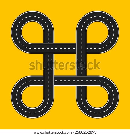 looped two line road, multilevel crossroads, four corners, blank vector template, yellow background