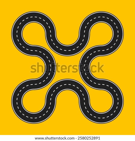 looped two line road, smooth curves, four corners, blank vector template, yellow background