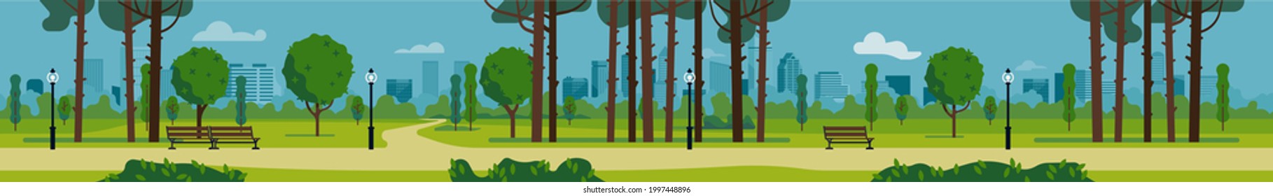 Looped vector flat style panoramic landscape on city park with abstract modern buildings skyline in the distance, blue sky, trees, walking path with benches and lamp posts. Ideal for motion design