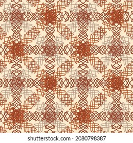 El efecto de hilado en bucle produce un fondo vectorial sin fisuras. Fondo geométrico de color ocre blanco mezclado con trama de rayas de doodle garabateadas. Repetición de cruz de crisis. Impresión de textura de entramado de forma de fibra.