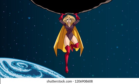 Looping animation of powerful and brave superhero holding huge asteroid above his head during dangerous mission.