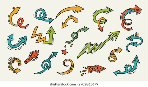 Looping arrows collection colorful direction indicators swirling spiral shapes growth symbols path design.