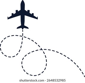 Looping dashed avião vetor caminho com silhueta de aeronave preta, ideal para viagens, turismo, design de aviação, ilustrações de rota aérea, e conceitos de rastreamento de voo criativo.