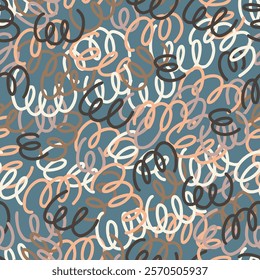 Looping design with interconnected and overlapping curved lines in various tones. Abstract seamless pattern.