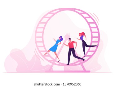 Looping Life and Daily Routine Work Concept. Tired Stressed Business People Running inside of Huge Hamster Wheel. Useless Effort, Rat Race, Team Work Cooperation. Cartoon Flat Vector Illustration