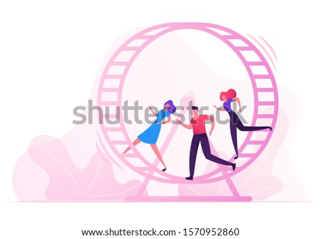 Looping Life and Daily Routine Work Concept. Tired Stressed Business People Running inside of Huge Hamster Wheel. Useless Effort, Rat Race, Team Work Cooperation. Cartoon Flat Vector Illustration