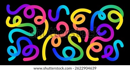 Looping sinuous rainbow swirls - undulating curvy shapes, winding lines vivid gradient hues abstract pattern. Colorful twisting snake like flowing organic forms wavy liquid decorative texture.