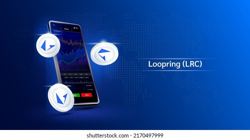 Loopring coin and Phone. App for trading crypto currency on the touch screen smartphone. Data analytics stock market. Mobile banking cryptocurrency. Vector 3d. 