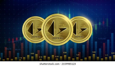 Loopring (LRC) 3 coin Cryptocurrency blockchain. Future digital currency replacement technology alternative. Silver golden virtual currency growth share chart background. 3D Vector illustration.