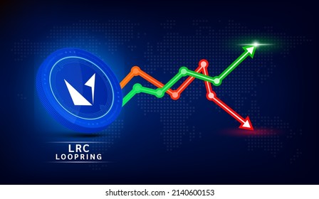 Loopring (LRC) coin blue. Cryptocurrency token symbol with stock market investment trading graph green and red. Coin icon on dark  background. Economic trends business concept. 3D Vector illustration.