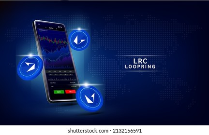 Loopring (LRC) coin and Phone. App for trading crypto currency on the touch screen smartphone. Data analytics stock market. Trends and financial strategy. Mobile banking cryptocurrency. Vector 3d. 