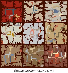 Loose abstract patchwork grid pattern based on nine groups of tightly augmenting shapes of muted, in autumnal colors