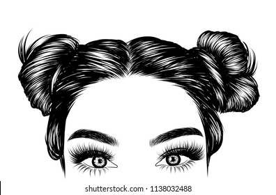 Loose bunы with black hair. Fashion illustration for salon, web, business card, templates.Sketch style realistic hair created with lines.