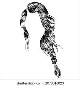 Loose braid long hair with black hair. Fashion illustration for salon, web, business card, templates. Sketch style realistic hair created with lines.