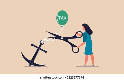 Loose cut tax and business balloon freedom. Scissors cut rope and money problem free vector illustration concept. Situation with government stress finance crisis and people escape from pay taxation 