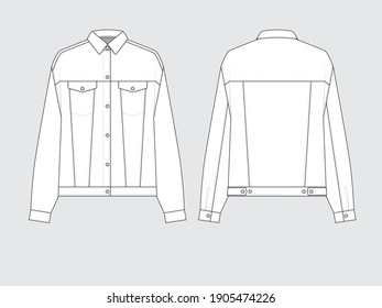 loose denim jacket, front and back, drawing flat sketches with vector illustration.