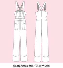 Loose Denim Jumpsuit Technical Drawing. Fashion illustration for girl. Vector, technical drawing, flat drawing, adobe illustrator. Front and back view.