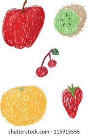 Loose drawings of various fruit including An apple, kiwi, orange, strawberry and cherries.