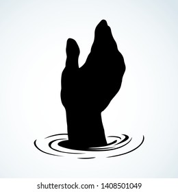 Loose educate charity work action on white sky space for text. Line black ink pen drawn fun summer male drowner body wrist idea sketch in retro art doodle engraved cartoon vector style. Closeup view