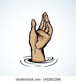 Loose educate charity work action on white sky space for text. Line black ink pen drawn fun summer male drowner body wrist idea sketch in retro art doodle engraved cartoon vector style. Closeup view