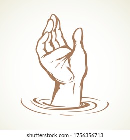 Loose educate charity work action on white sky space for text. Line black ink pen drawn fun summer male drowner body wrist idea sketch in retro art doodle engraved cartoon vector style. Closeup view