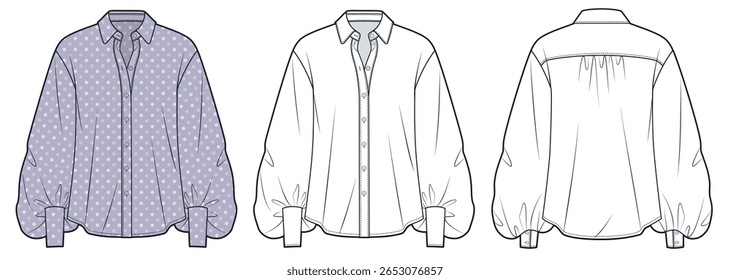 Ajuste solto botão-up Blusa ilustração de moda técnica, design de bolinhas. Puff manga blusa moda plana modelo de desenho técnico, punhos, frente, vista traseira, branco, lilás, mulheres Top CAD mockup set