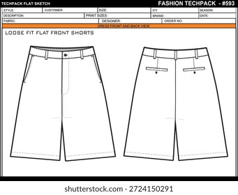LOOSE FIT FLAT FRONT SHORTS EASY EDITABLE EMPTY TECHPACK LAYOUT TEMPLATE DESIGN