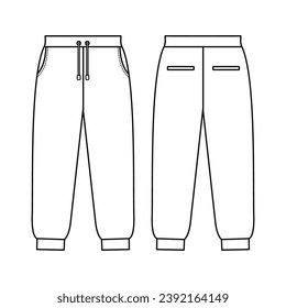 Loose fit joggers. Sweat jogger pants with an elasticated drawstring waist in a relaxed style. Men's casual wear. Vector technical sketch. Mockup template.