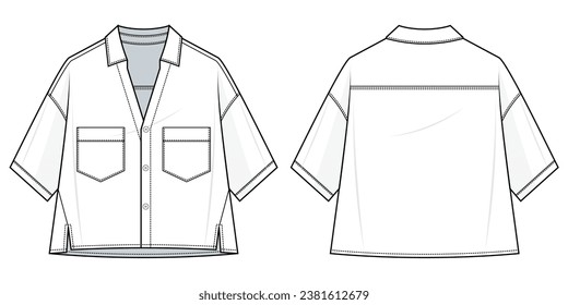 loose fit shirt technical fashion illustration. shirt vector template illustration. front and back view. oversized. drop shoulder. unisex. white color. CAD mockup.