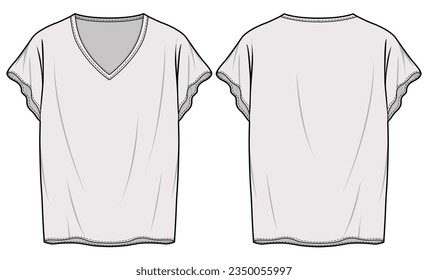 Vista frontal y trasera de la funda del manguito superior del manguito de cierre de ajuste flexible de V-Neck. Ilustración de vectores de sketch plano de moda, CAD, dibujo técnico, plano plano, plantilla, mordaza.
