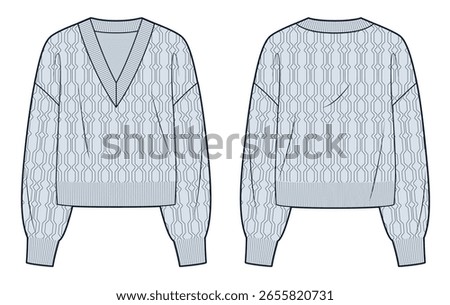 Loose Fit V-Neck Sweater Technical Fashion Illustration. Cable-Knit Jumper fashion flat technical drawing template, front and back view, blue, women, men, unisex CAD mockup.