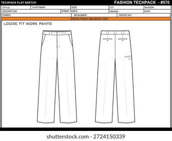 CALÇAS DE TRABALHO DE AJUSTE FÁCIL EDITÁVEL VAZIO TECHPACK LAYOUT DESIGN DE MODELO