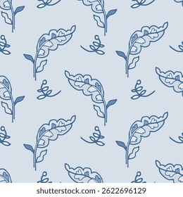 Loose floral and leaf sketches in gentle blues. Seamless vector layout perfect for modern rustic textiles or spring decor.