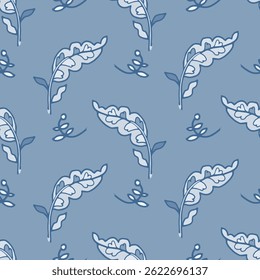 Loose floral and leaf sketches in gentle blues. Seamless vector layout perfect for modern rustic textiles or spring decor.