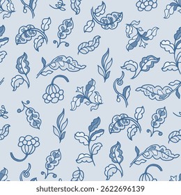 Loose floral and leaf sketches in gentle blues. Seamless vector layout perfect for modern rustic textiles or spring decor.