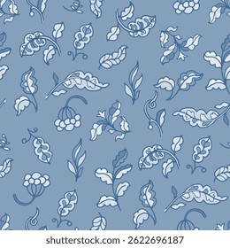 Loose floral and leaf sketches in gentle blues. Seamless vector layout perfect for modern rustic textiles or spring decor.