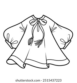 Loose flowy dress with puff sleeves outlined for coloring page on white background. Image produced without the use of any form of AI software at any stage.