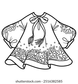 Loose flowy dress with puff sleeves embroidery daffodils flowers outlined for coloring page on white background. Image produced without the use of any form of AI software at any stage.