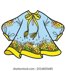 Loose flowy dress with puff sleeves embroidery daffodils flowers on white background . Image produced without the use of any form of AI software at any stage.