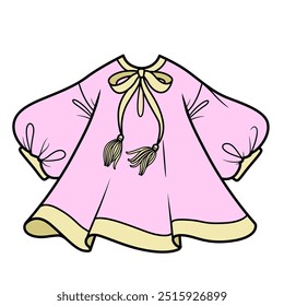 Loose flowy pink dress with puff sleeves on white background. Image produced without the use of any form of AI software at any stage.