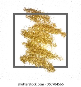 Loose Glitter In The Frame For The Text Design And Lettering. Realistic Golden Shiny Glitters. Gold Dust. Sequins