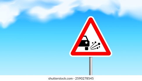 loose gravel road warning sign on sky background vector illustration