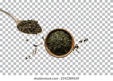 Loose Green Tea in Spoon and Bowl isolated on transparent background