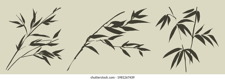 Loose hand drawn bamboo grass leaves and twigs set for card, header, invitation, poster, social media, post publication. Asia-style foliage vector bunch.