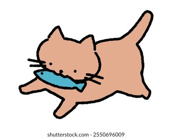 A loose hand-drawn illustration of a long-haired cat holding a fish