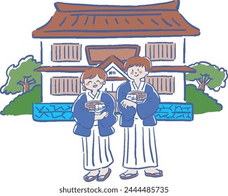 Loose hand-drawn illustration of a man and a woman wearing a pastel yukata and an inn