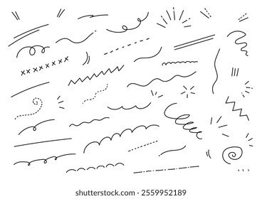 Loose hand-drawn lines. Vector illustration set. Various types of black lines. White background.