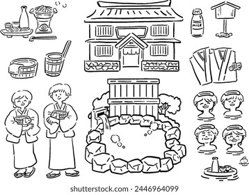 Loose hand-drawn style drawing of hot spring trip illustration set　
