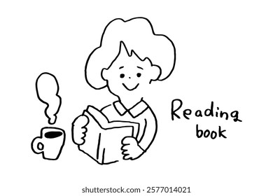 Loose illustration of a woman reading a book while drinking coffee